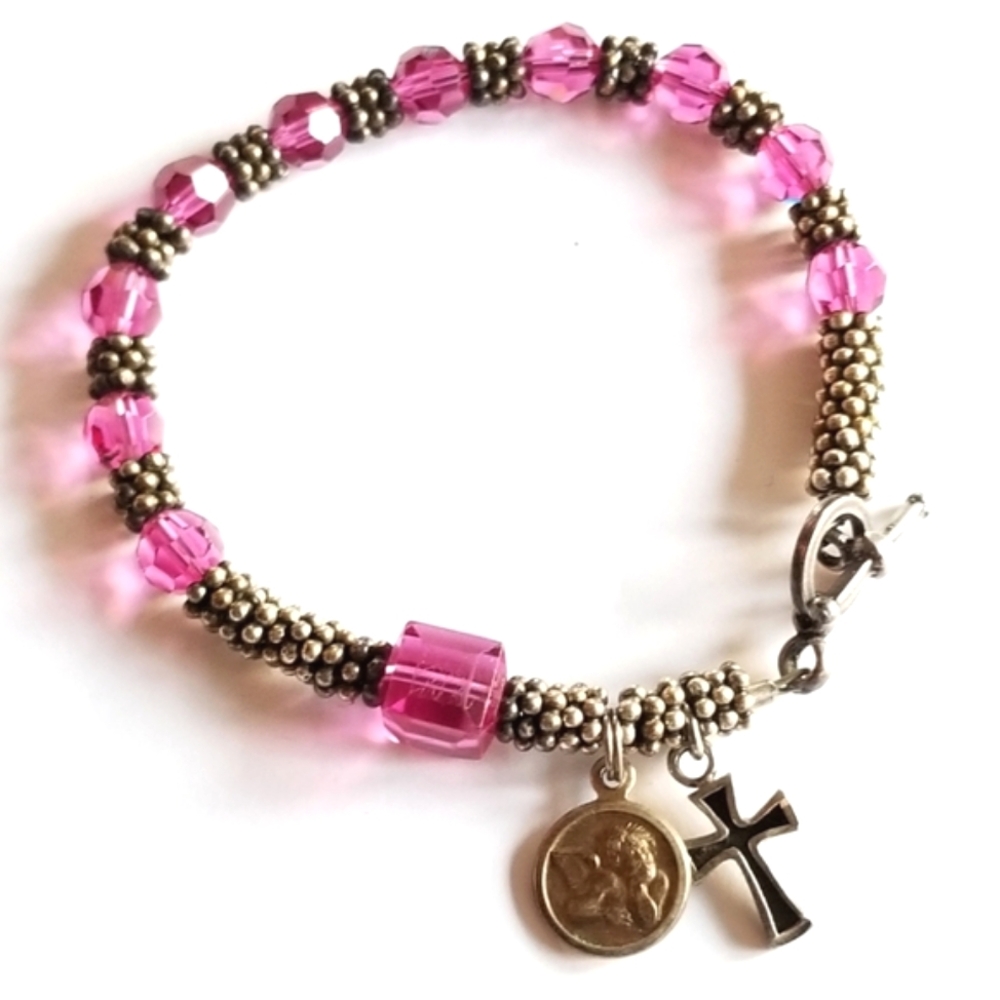 Handmade bracelet beaded pink silver tone beads cross religious Christian